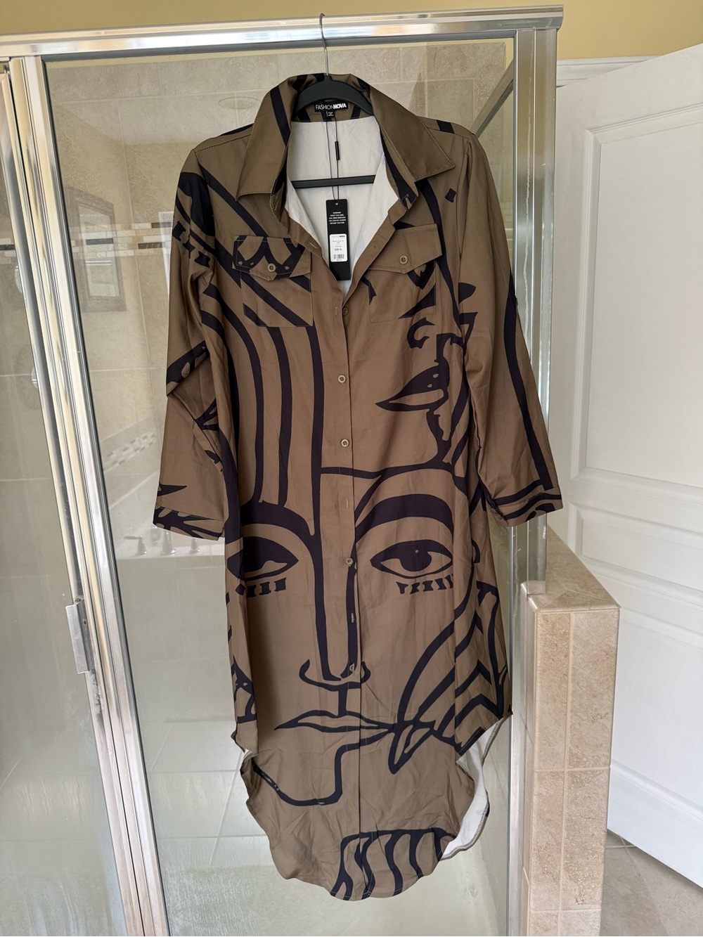 Fashion Nova Brown Button-Down Longline Shirt with Black Graphic Face Print